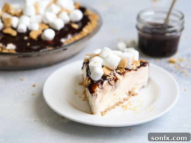 Toasted Marshmallow Ice Cream Pie 10 slice of s'mores ice cream pie on a plate
