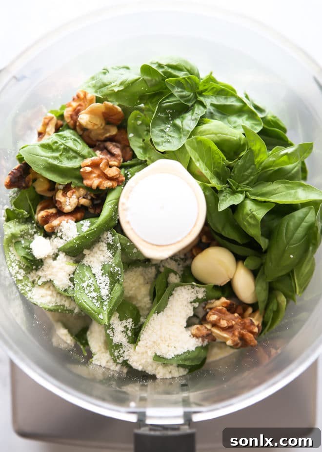 Steps for making basil walnut pesto in a food processor