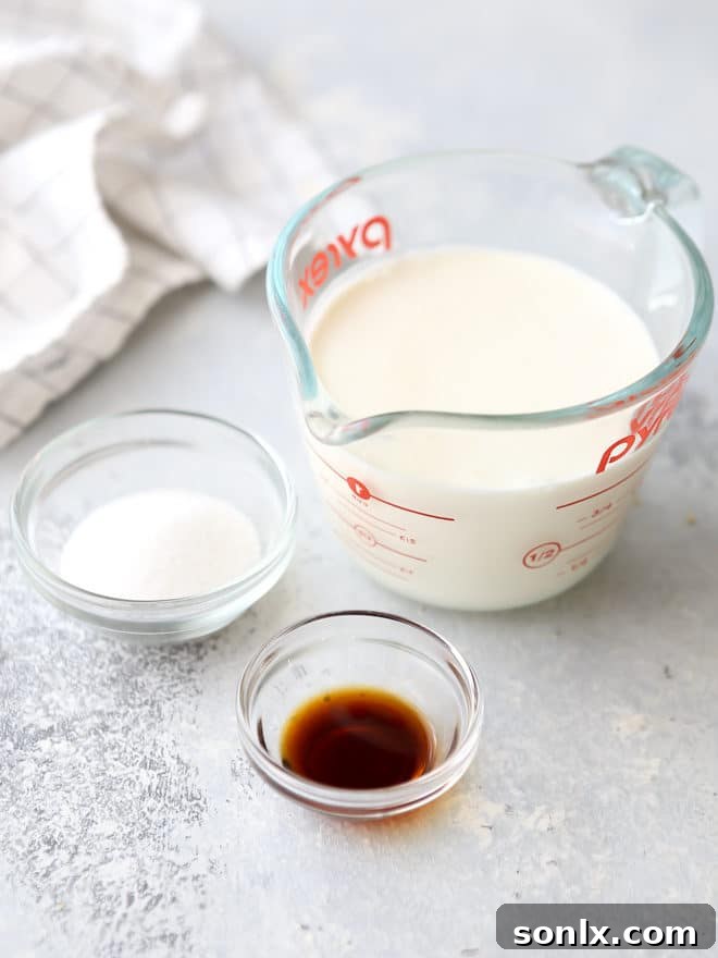 Ingredients for making homemade whipped cream: heavy cream, sugar, and vanilla extract.