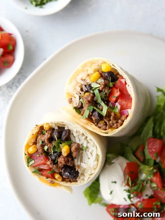 Crowd-pleasing ground beef, black bean and corn burritos
