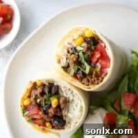 Crowd-pleasing ground beef, black bean and corn burritos