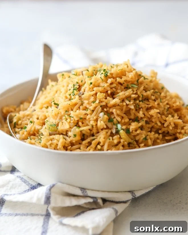 Rice pilaf in a bowl with a spoon