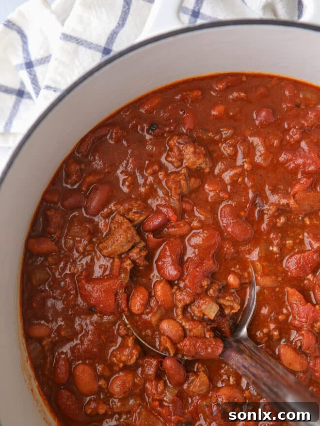 simmered chili in pot with ladle