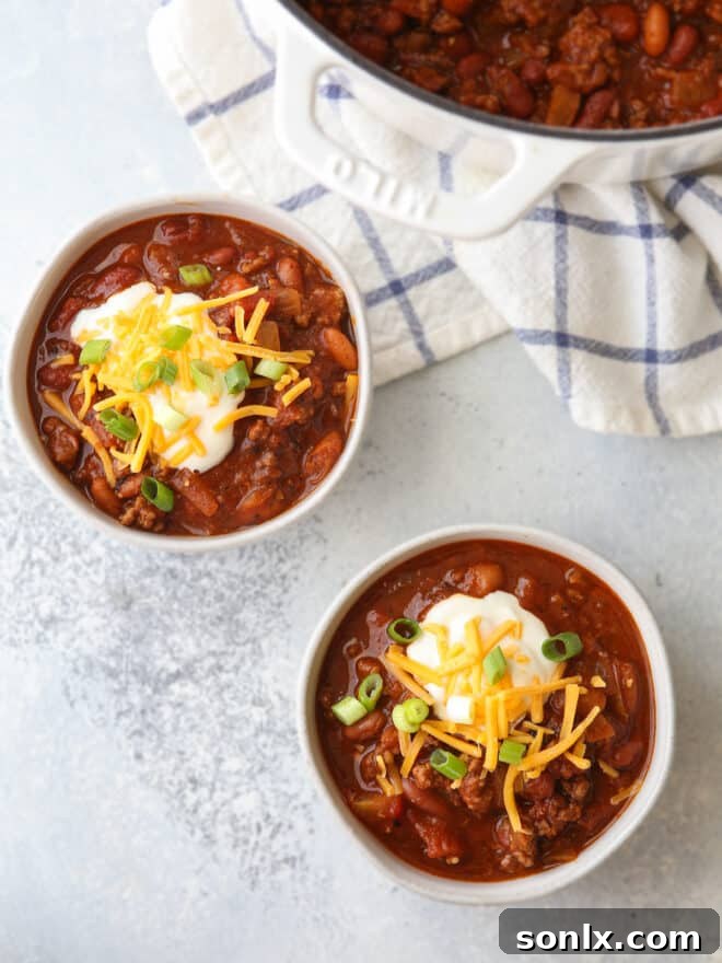bowls of easy chili with toppings