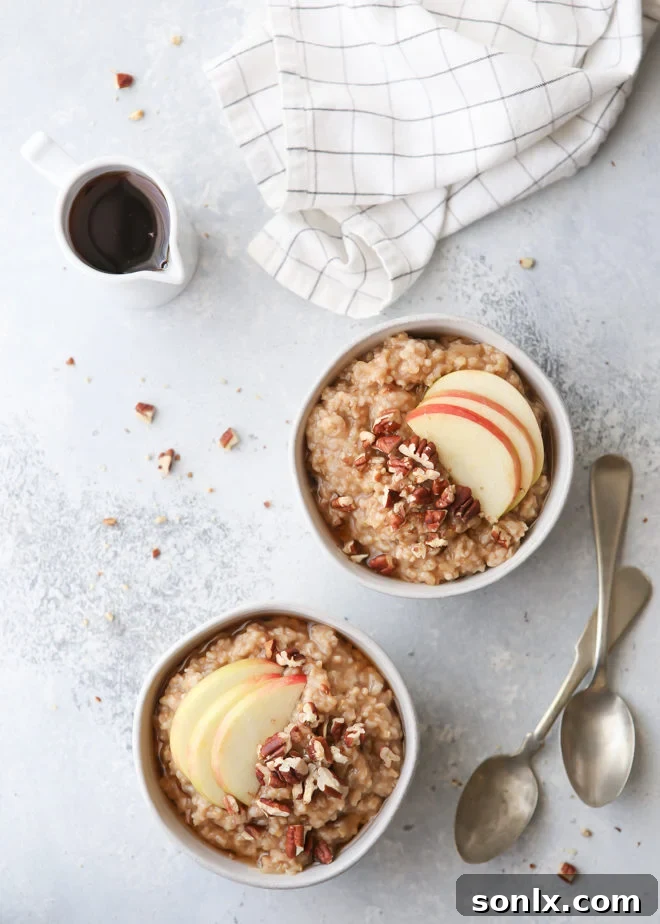 These wholesome apple cinnamon oatmeal bowls, cooked to perfection in a pressure cooker and adorned with pecans and maple syrup, are truly a delight for the autumn season!