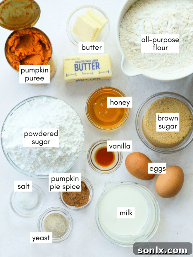 ingredients laid out for pumpkin cinnamon rolls