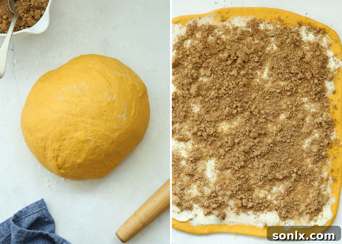 rolling out pumpkin dough and filling with pumpkin spice