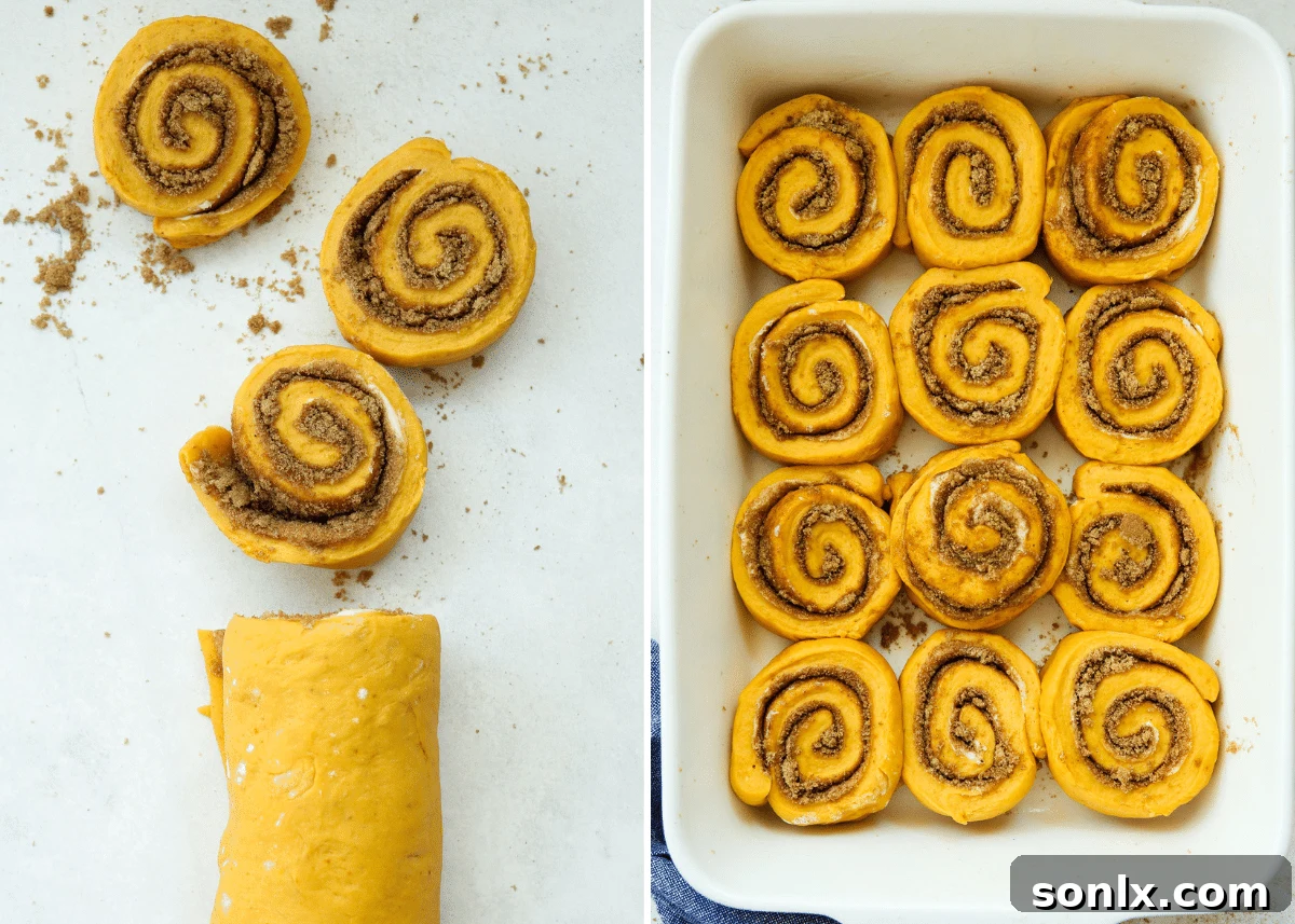 cutting dough into cinnamon rolls and placing in pan