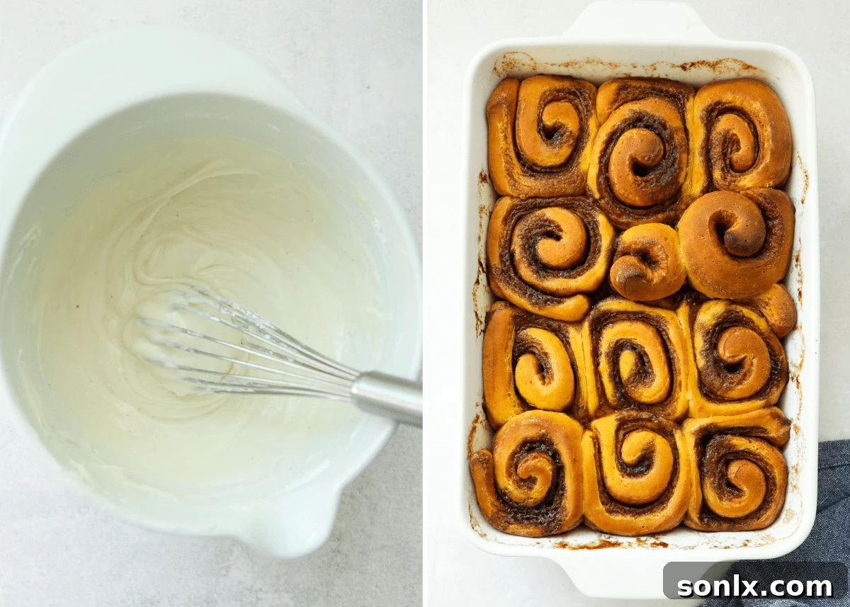 baked cinnamon rolls and maple icing in a bowl