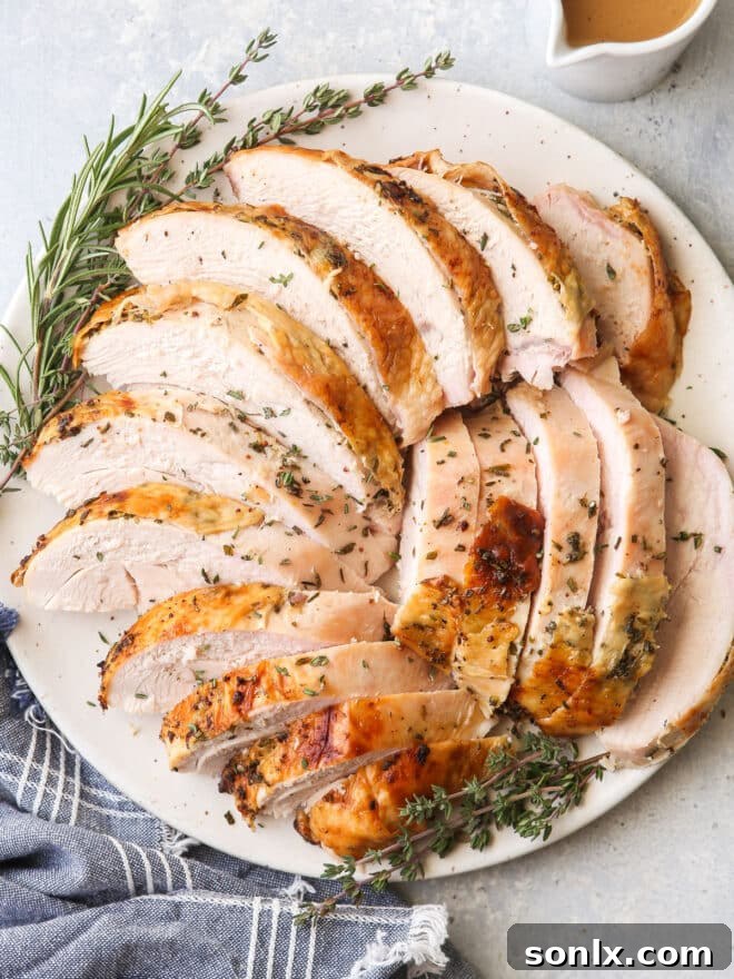 Beautifully sliced herb-roasted turkey breast on a plate, adorned with fresh herbs and a drizzle of rich gravy.