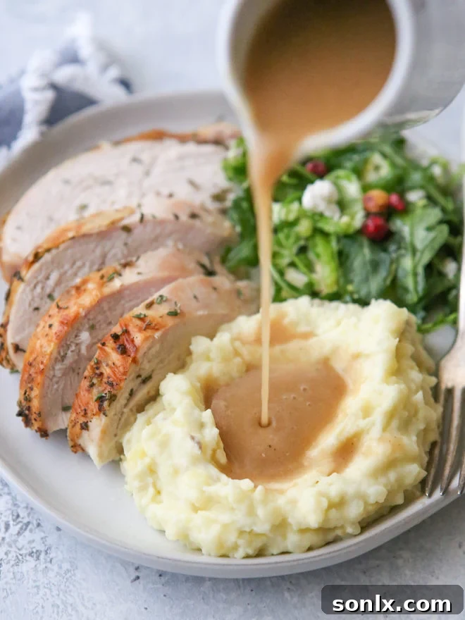 Homemade turkey gravy made from pan drippings is a must for Thanksgiving!