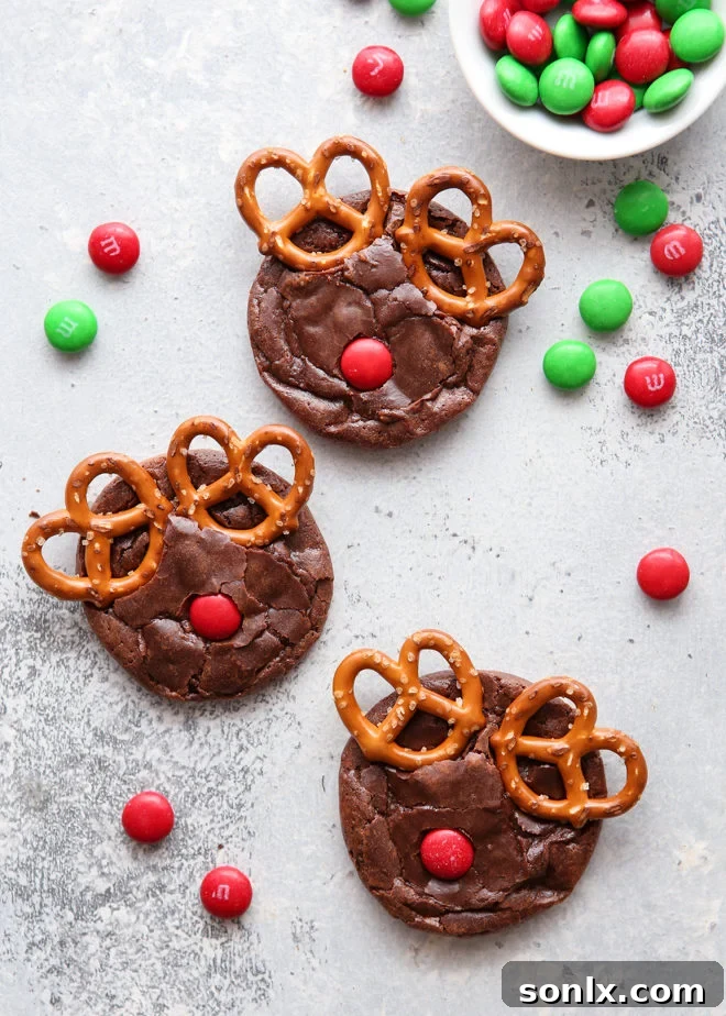 Make these fun Rudolf brownie cookies this holiday season! Easy recipe for fudgy, festive chocolate cookies.