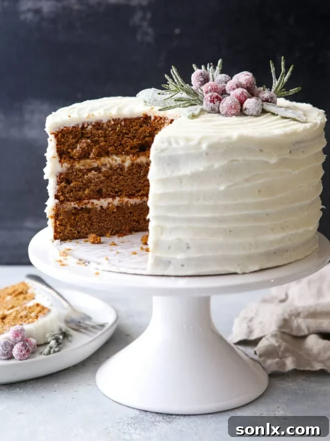 gingerbread layer cake on cake stand