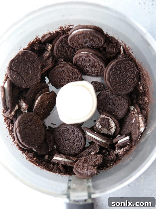 Crushed up chocolate sandwich cookies for the crunchy crust of peppermint bars.