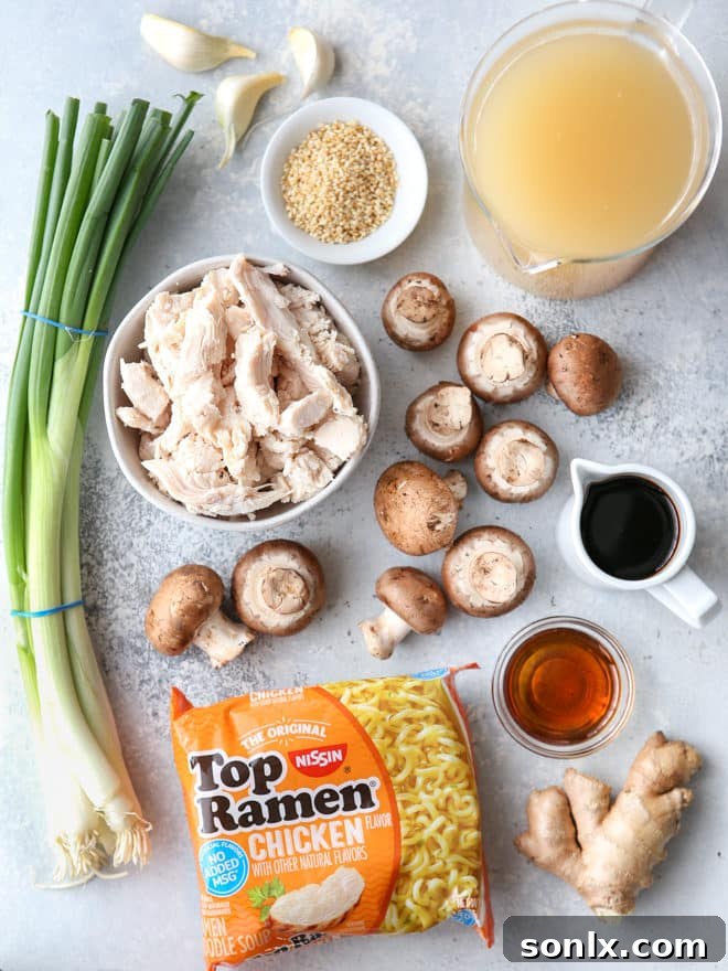 Gathering all the ingredients needed for a super simple chicken ramen at home.