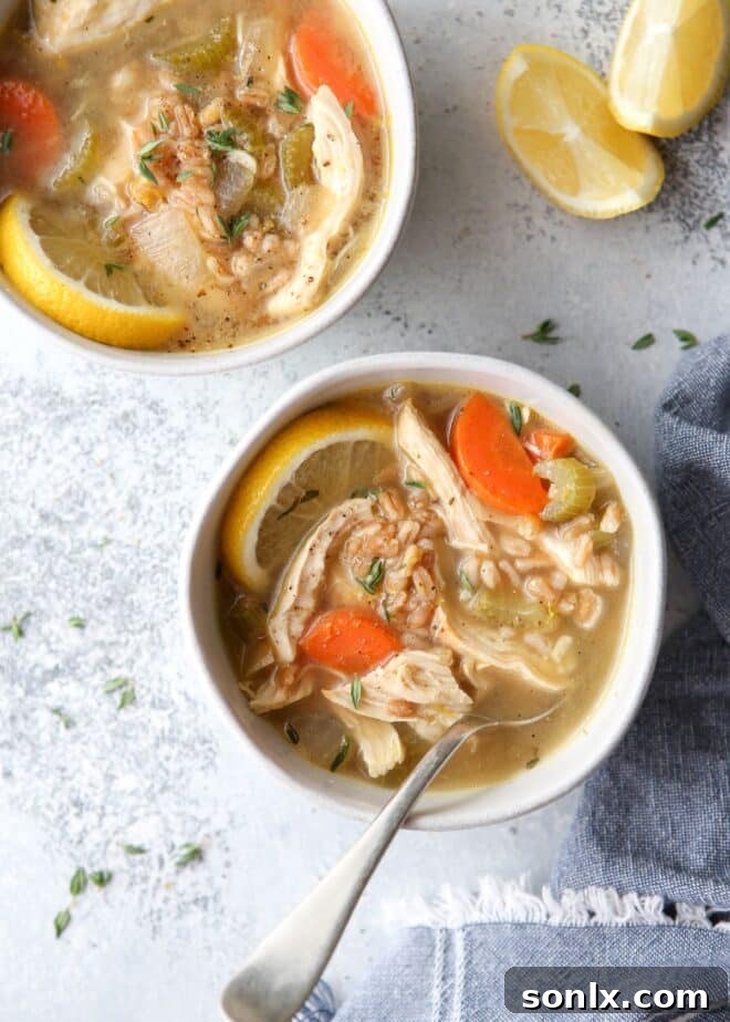 close-up of lemon chicken farro soup in a white bowl