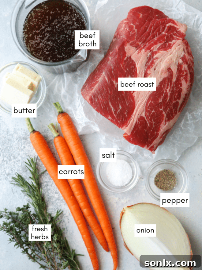 Ingredients for slow cooker pot roast including beef, butter, broth, and fresh vegetables.