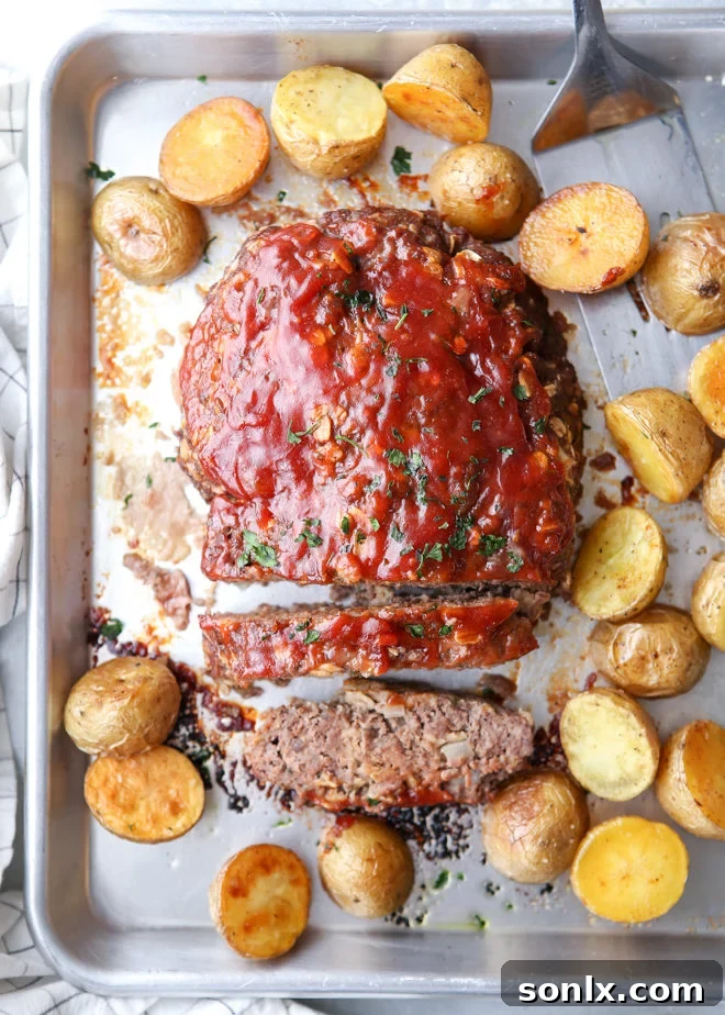 My favorite meatloaf and roasted potatoes cooked together on 1 pan!