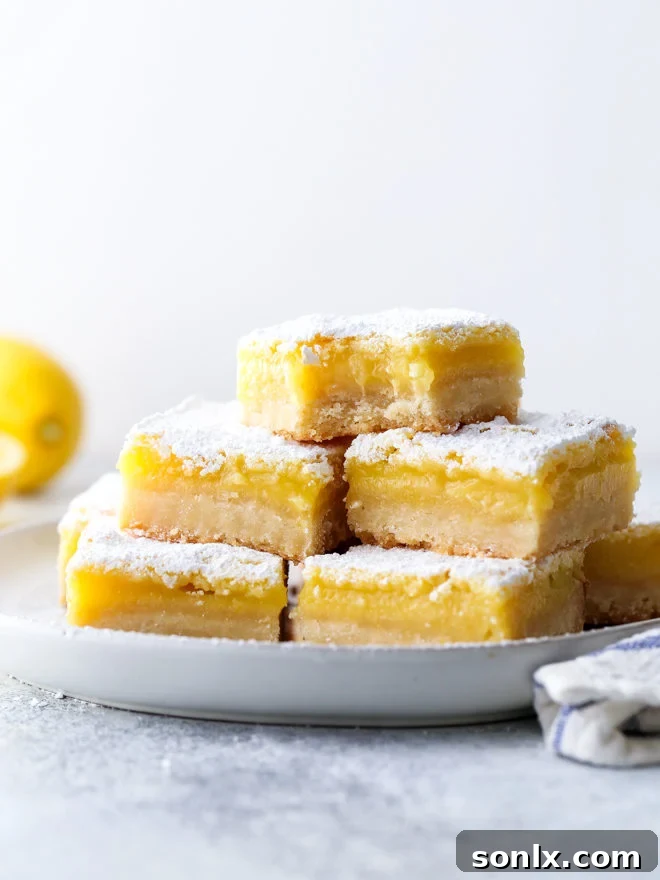 Classic lemon bars with a buttery shortbread crust, tart lemon filling, and powdered sugar topping are always a crowd favorite!