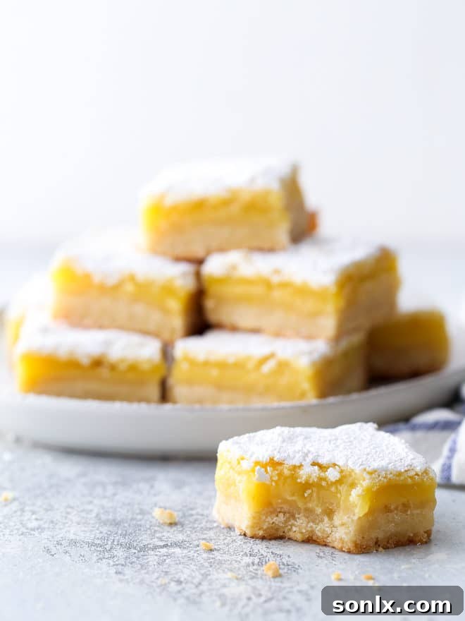 Perfectly sliced lemon bars dusted with powdered sugar, arranged on a serving plate.