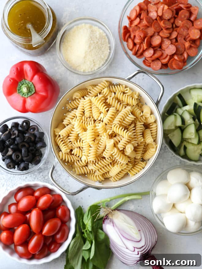 A close-up of the flavorful Italian pasta salad with fresh ingredients.