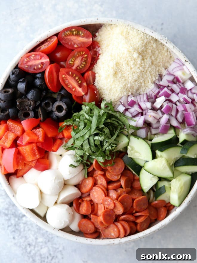 Another beautiful shot of the Italian pasta salad, ready to be served.