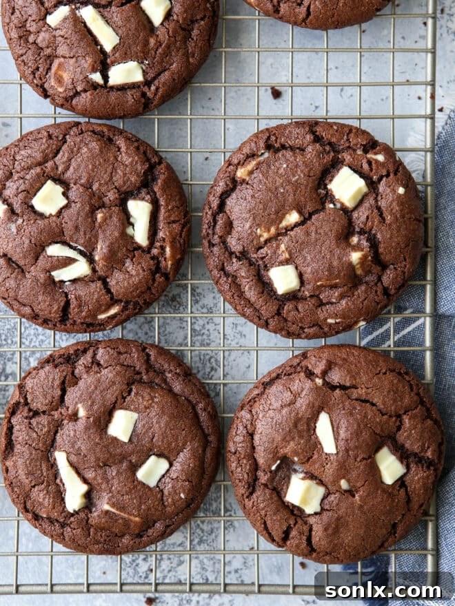 Freshly baked chocolate cookies with white chocolate chunks cooling on a wire rack.