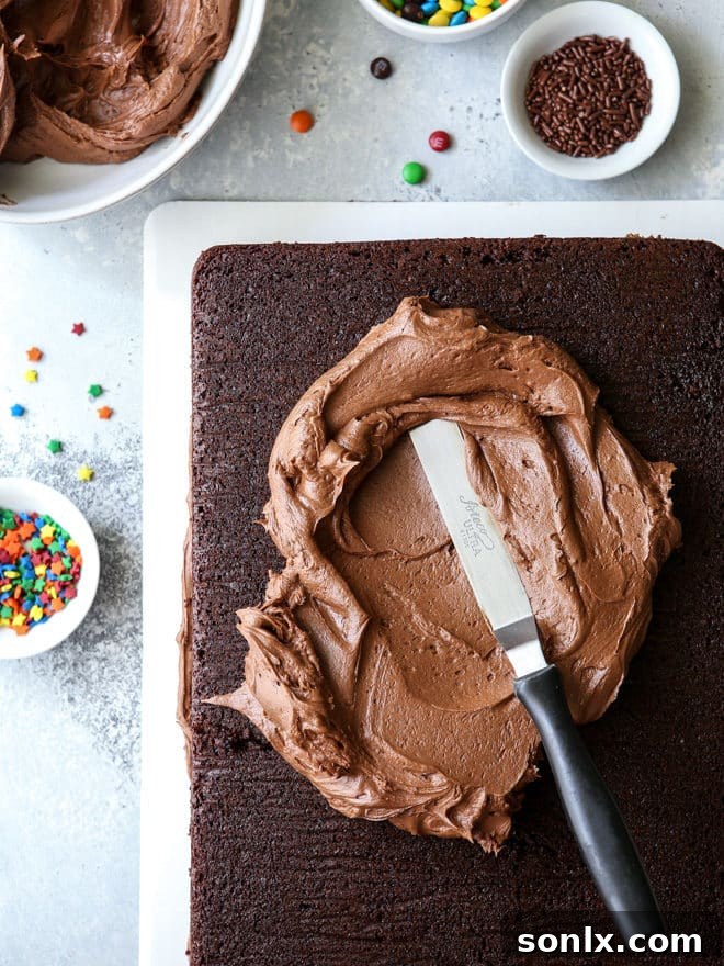 Easy fudge buttercream frosting elevates this chocolate sheet cake, adding a rich and smooth layer of chocolatey goodness.