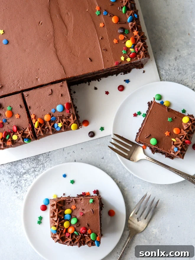 This one-bowl chocolate sheet cake with easy fudge frosting is for all of you chocolate lovers! A beautifully cut slice shows off the rich texture.
