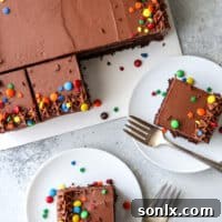 A full, frosted Chocolate Sheet Cake ready for serving.