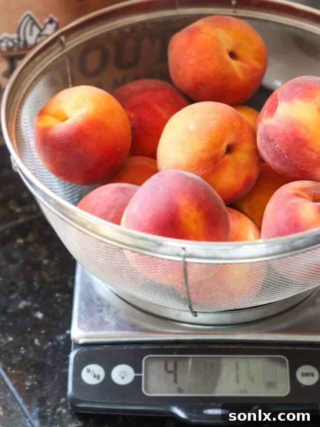fresh peaches on a scale