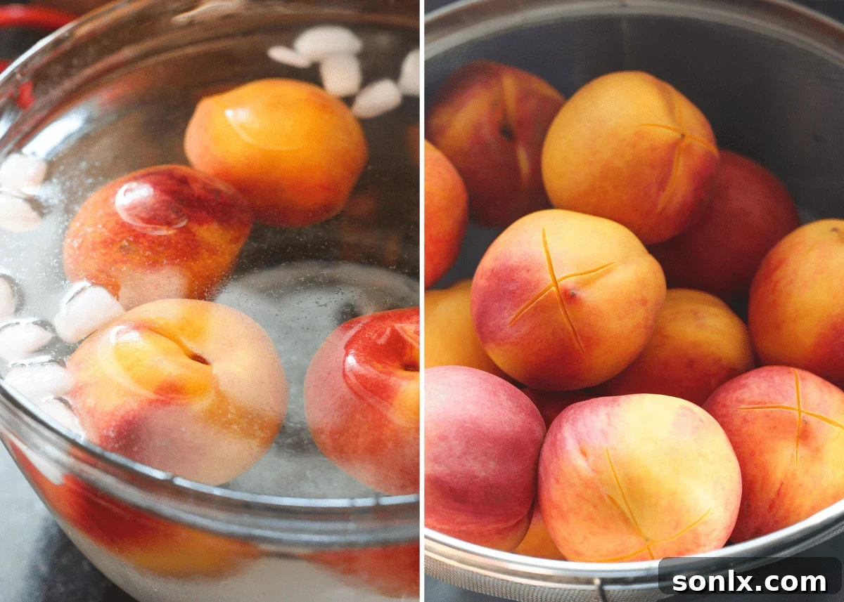 blanches peaches in water bath and ready to be peeled