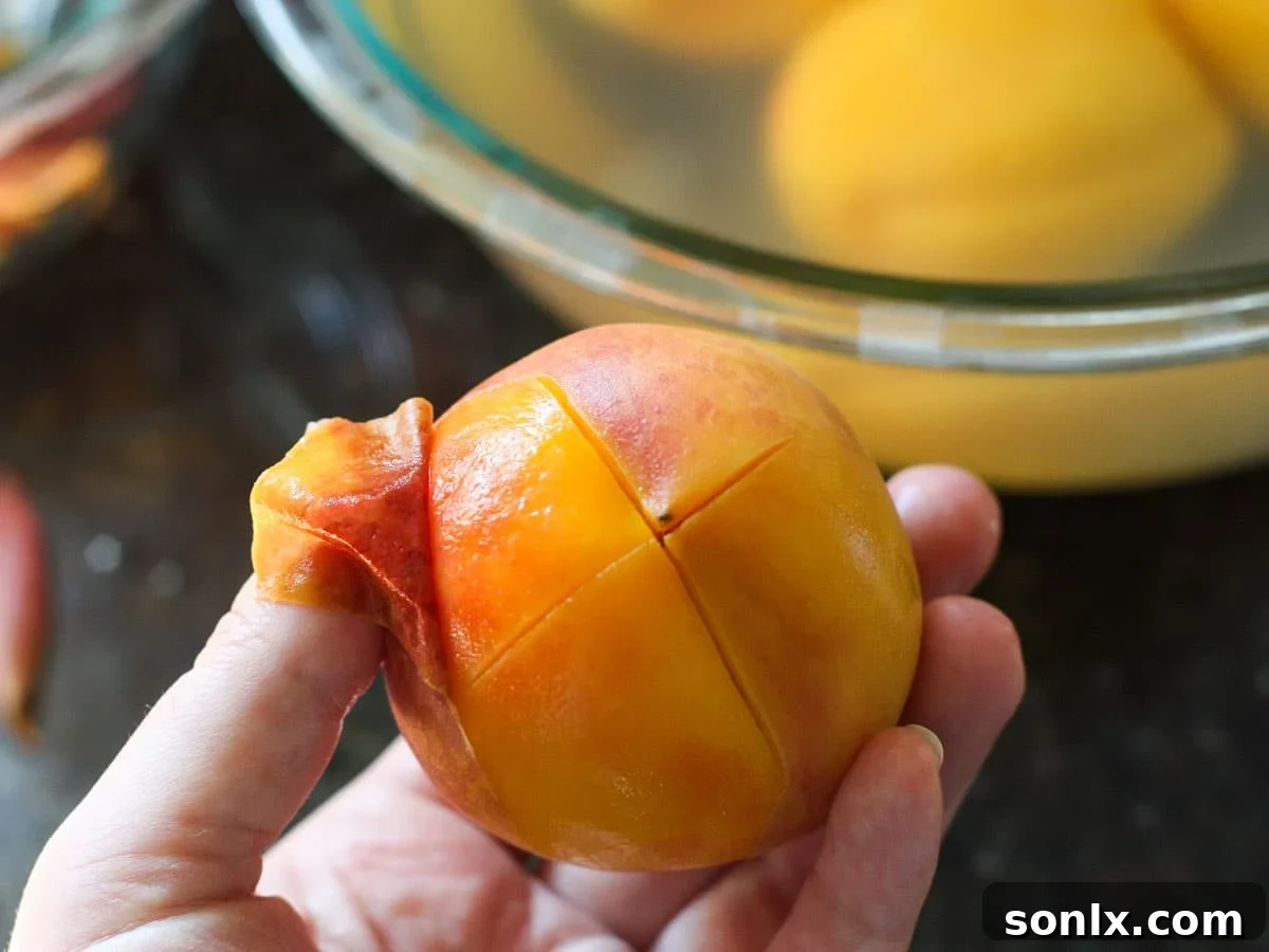 peeling peach starting at the X