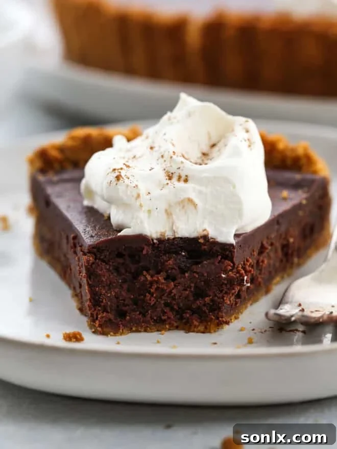 A close-up shot of a dark chocolate tart with a bite taken out, revealing the smooth, fudgy texture of the filling and the crumbly gingersnap crust.