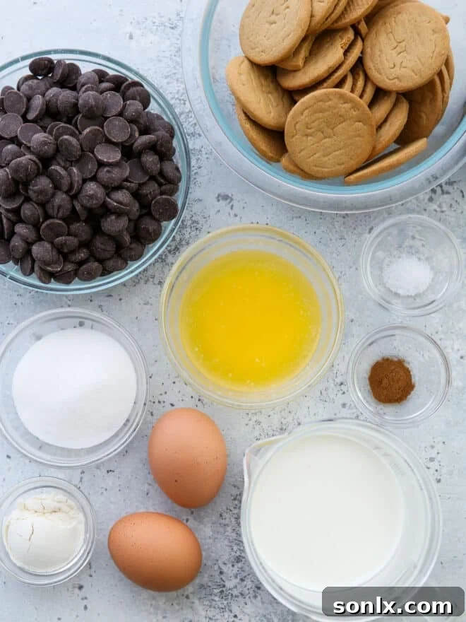 All the dark chocolate tart ingredients laid out and measured, including gingersnap cookies, chocolate, eggs, sugar, and cream.