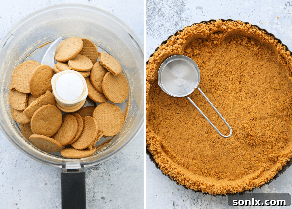 Detailed image of making gingersnap crust and pressing it into the tart pan, showing the fine crumbs and the butter mixing process.