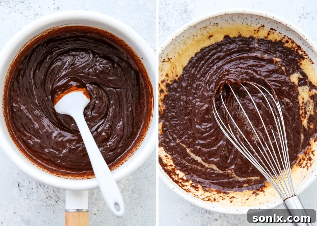 Step-by-step visual of whisking the chocolate filling ingredients together, showcasing the smooth texture before baking.