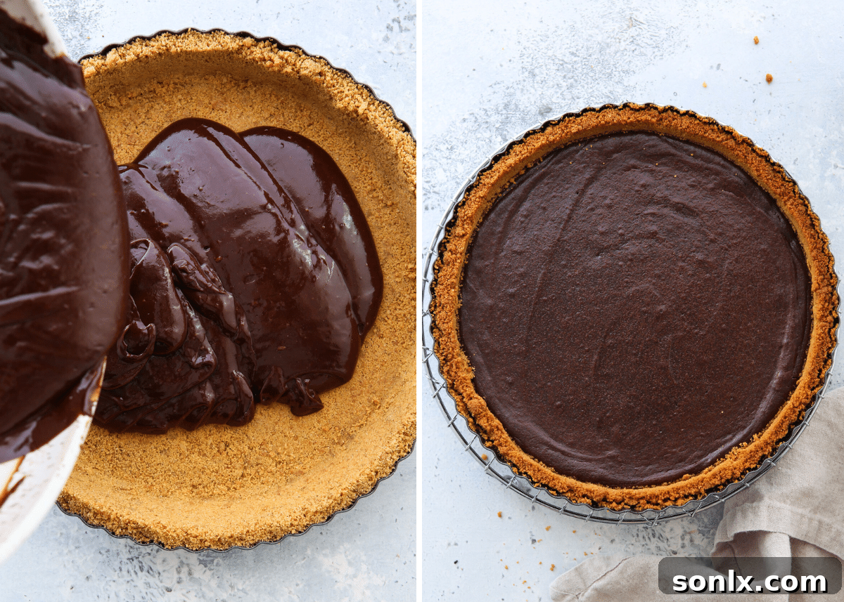 Visual guide showing the filling being poured into the gingersnap crust, followed by an image of the tart immediately after baking.