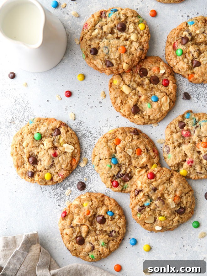 These extra-large monster cookies are the ultimate cookie! They're packed with M&M’s, oats, chocolate chips, peanuts, and crispy rice cereal.
