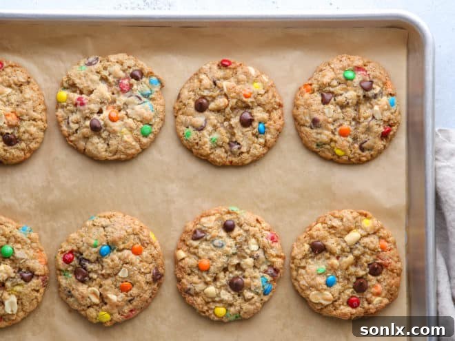 These extra-large monster cookies are the ultimate cookie! They're packed with M&M’s, oats, chocolate chips, peanuts, and crispy rice cereal.