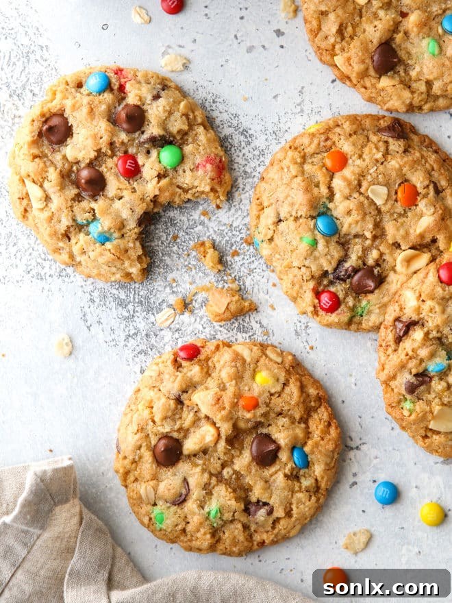 These extra-large monster cookies are the ultimate cookie! They're packed with M&M’s, oats, chocolate chips, peanuts, and crispy rice cereal.