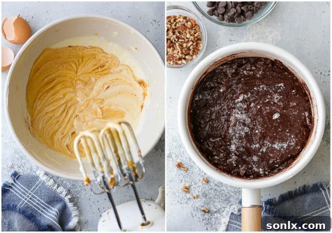 Mixing pumpkin cheesecake batter and rich brownie batter in separate bowls