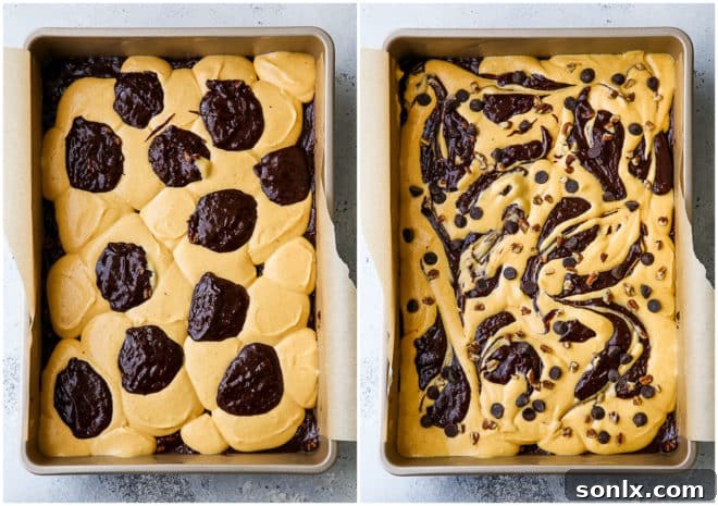 Close-up of brownie and cheesecake batters being swirled together in a baking pan