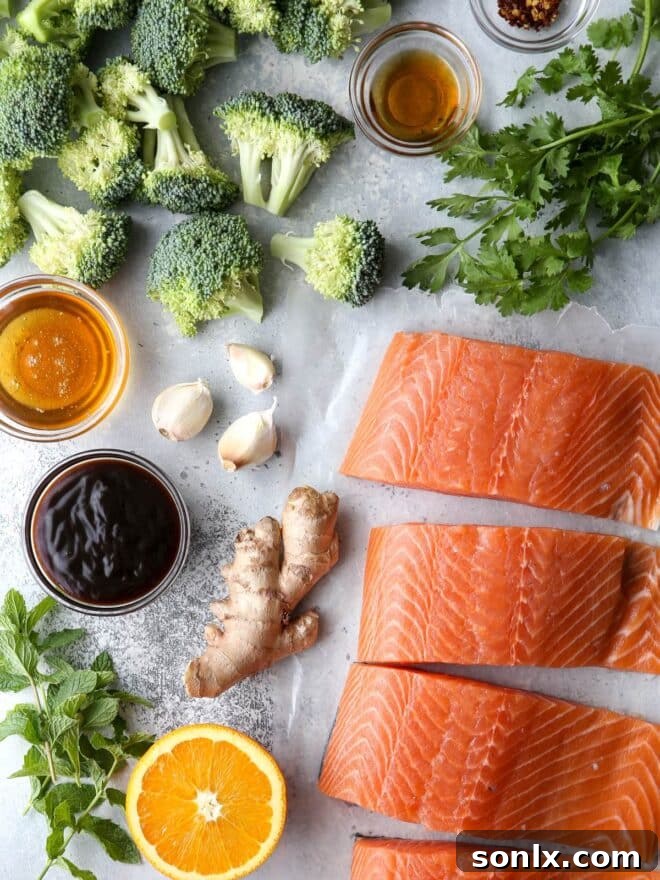 all ingredients laid out for making Asian-glazed sheet pan salmon