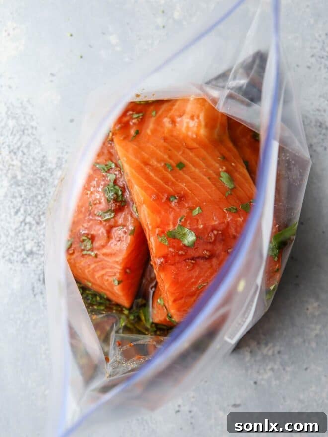 salmon fillets marinating in a ziplock bag