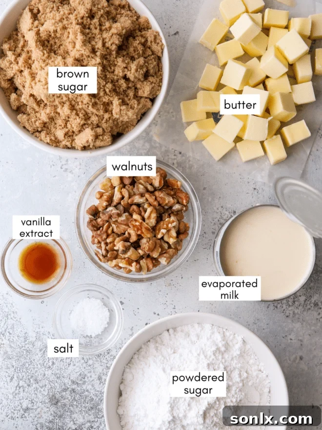 All the ingredients for brown sugar fudge laid out on a table: evaporated milk, brown sugar, butter, salt, vanilla extract, powdered sugar, and walnuts.