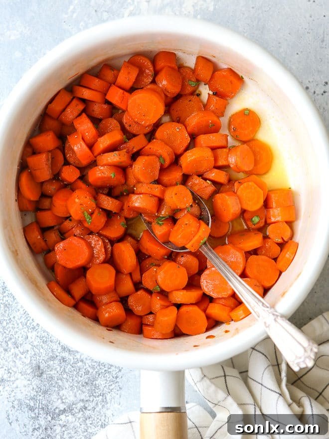 Delicious sweet and savory brown sugar glazed carrots, ready to be served as a perfect side dish.