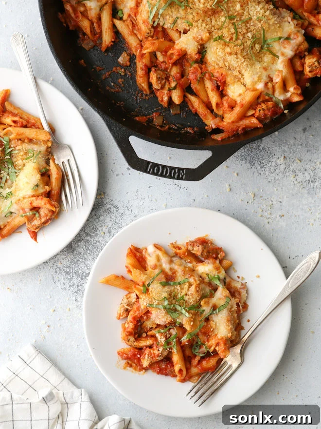 Golden Chicken Parmesan Pasta Skillet 2 This chicken parmesan pasta skillet has all the flavors of the classic favorite in an easy one-pot meal!