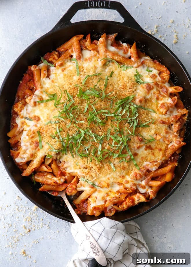 Golden Chicken Parmesan Pasta Skillet 5 This chicken parmesan pasta skillet has all the flavors of the classic favorite in an easy one-pot meal!