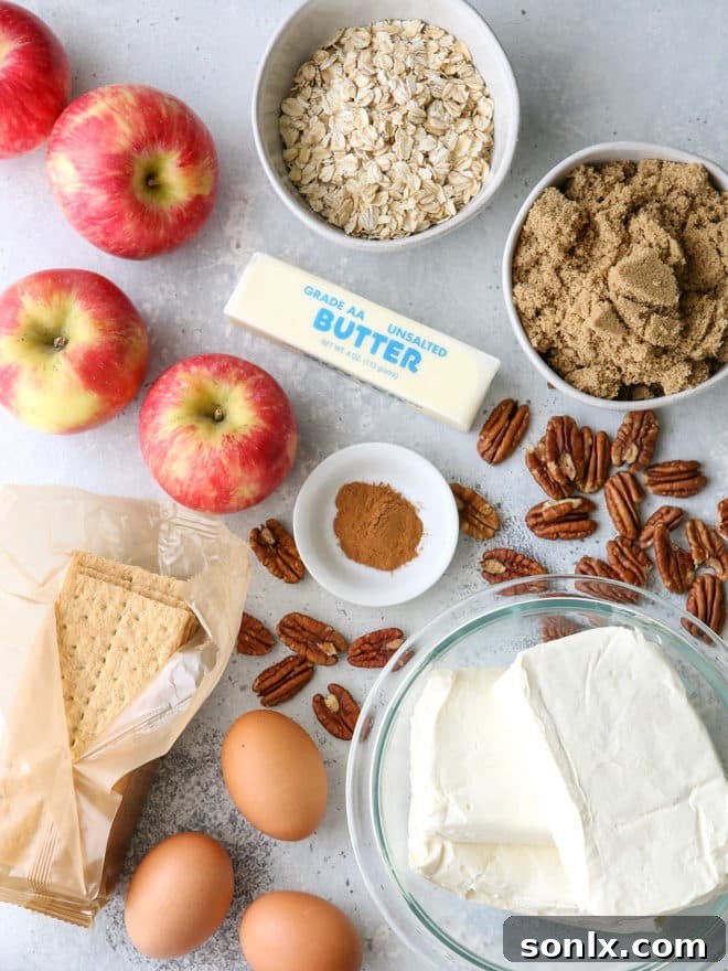 Ingredients for making delicious caramel apple cheesecake bars laid out